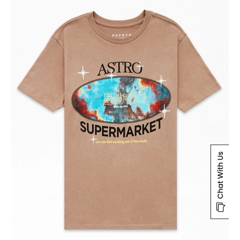 PacSun Astro Supermarket, size Large,‎ men's brown graphic t-shirt. Hoshi Kara